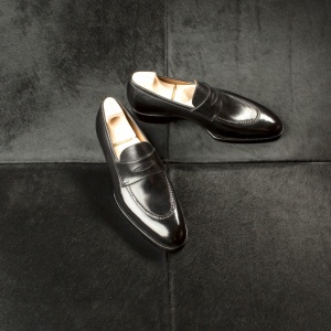 Made to order black calf loafer: crust calf, leather sole, raised stitching, Saint Crispin's model # 539