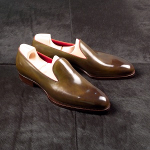 Made to Order Wholecut Olive Loafer: crust leather, red lining/piping, Saint Crispin's Model 530, side view