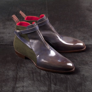 Made to Order Jodhpur Boot: Saint Crispin's Model 572, blue crust leather, green suede, red lining, side view