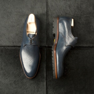 Made to Order Derby Shoe: two eyelets, shrunken calf leather, vibram commando sole. Saint Crispin's Model #118. side view