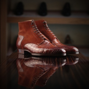 Made to Order Exotic Contrast Boot: Croc and suede chestnut derby boot.